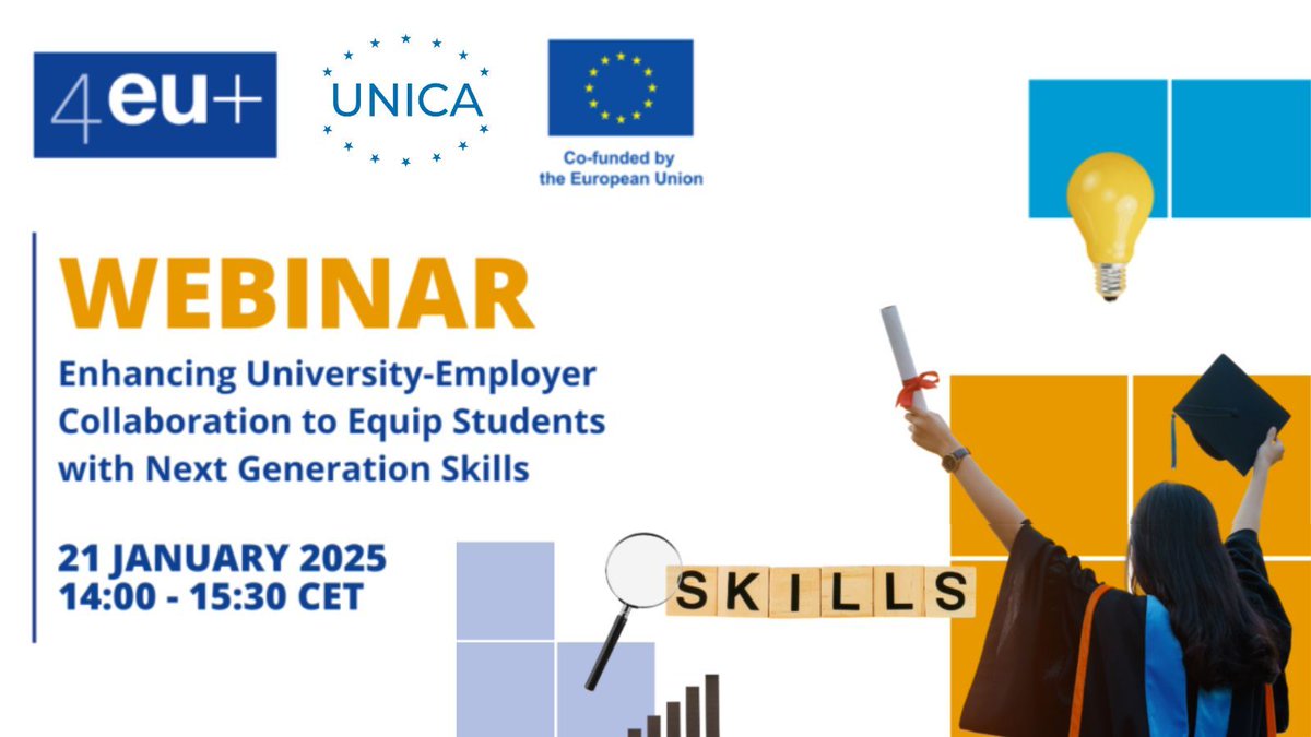 UNICA Network (@networkunica) on Twitter photo Universities & employers must work together to ensure students develop the skills required for the challenges of tomorrow. Join the conversation on #NextGenSkills in the upcoming <a href="/4EUplusAlliance/">4EUplusAlliance</a> & UNICA webinar!
๐
21 Jan
โฐ 14h โ 15h30 CET
๐ Register: bit.ly/3VSqlmw Universities & employers must work together to ensure students develop the skills required for the challenges of tomorrow. Join the conversation on #NextGenSkills in the upcoming <a href="/4EUplusAlliance/">4EUplusAlliance</a> & UNICA webinar!
๐
21 Jan
โฐ 14h โ 15h30 CET
๐ Register: bit.ly/3VSqlmw