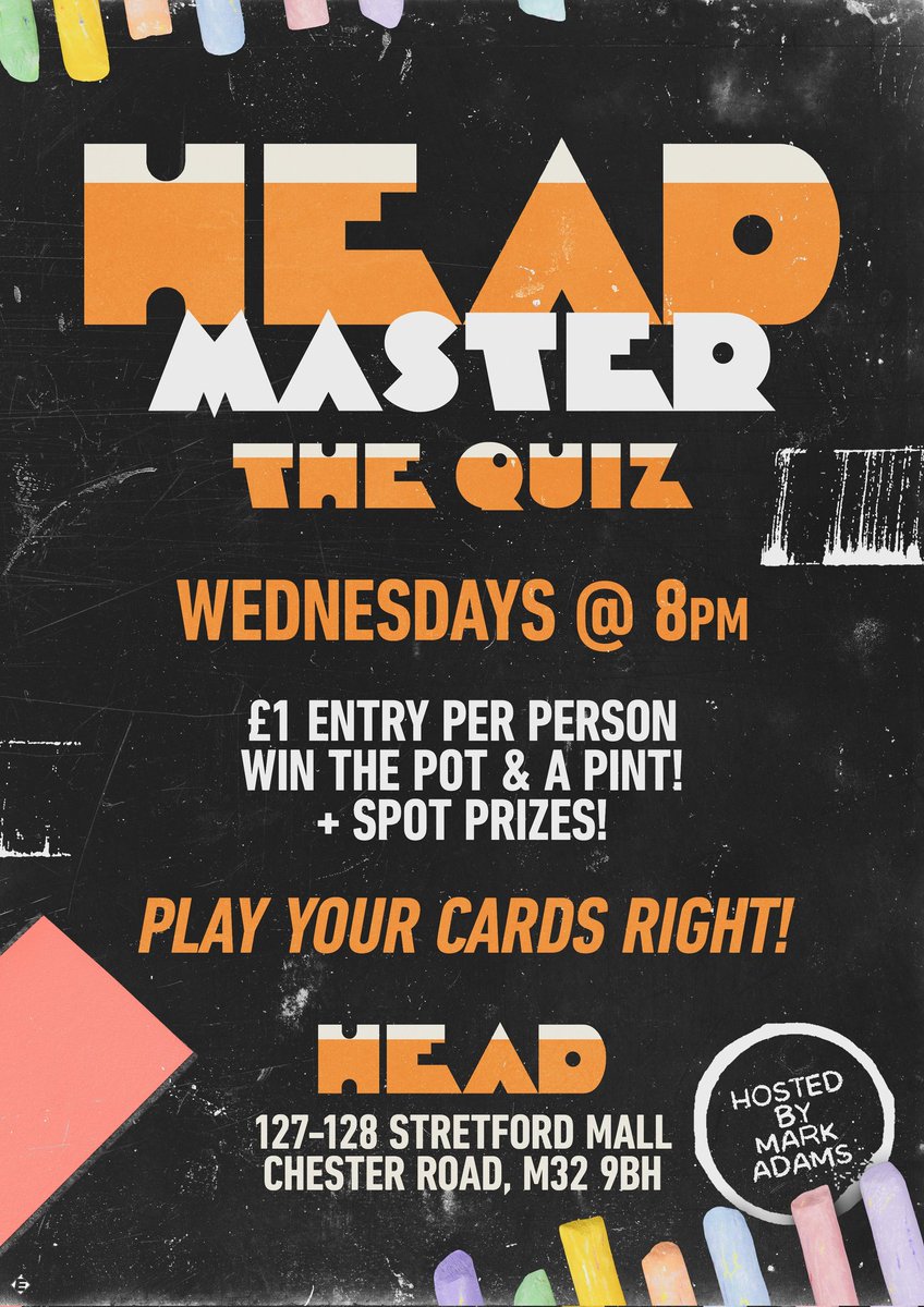 Tonight at 8pm, it's my first quiz of 2025 at <a href="/HeadStretford/">HeadStretford</a>!

It's a classic pen and paper style quiz with 80s/90s music all night plus spot prizes and over £100 in the the Play Your Cards Right pot! 

You should give it a go and flick the Vs at the rubbish weather!