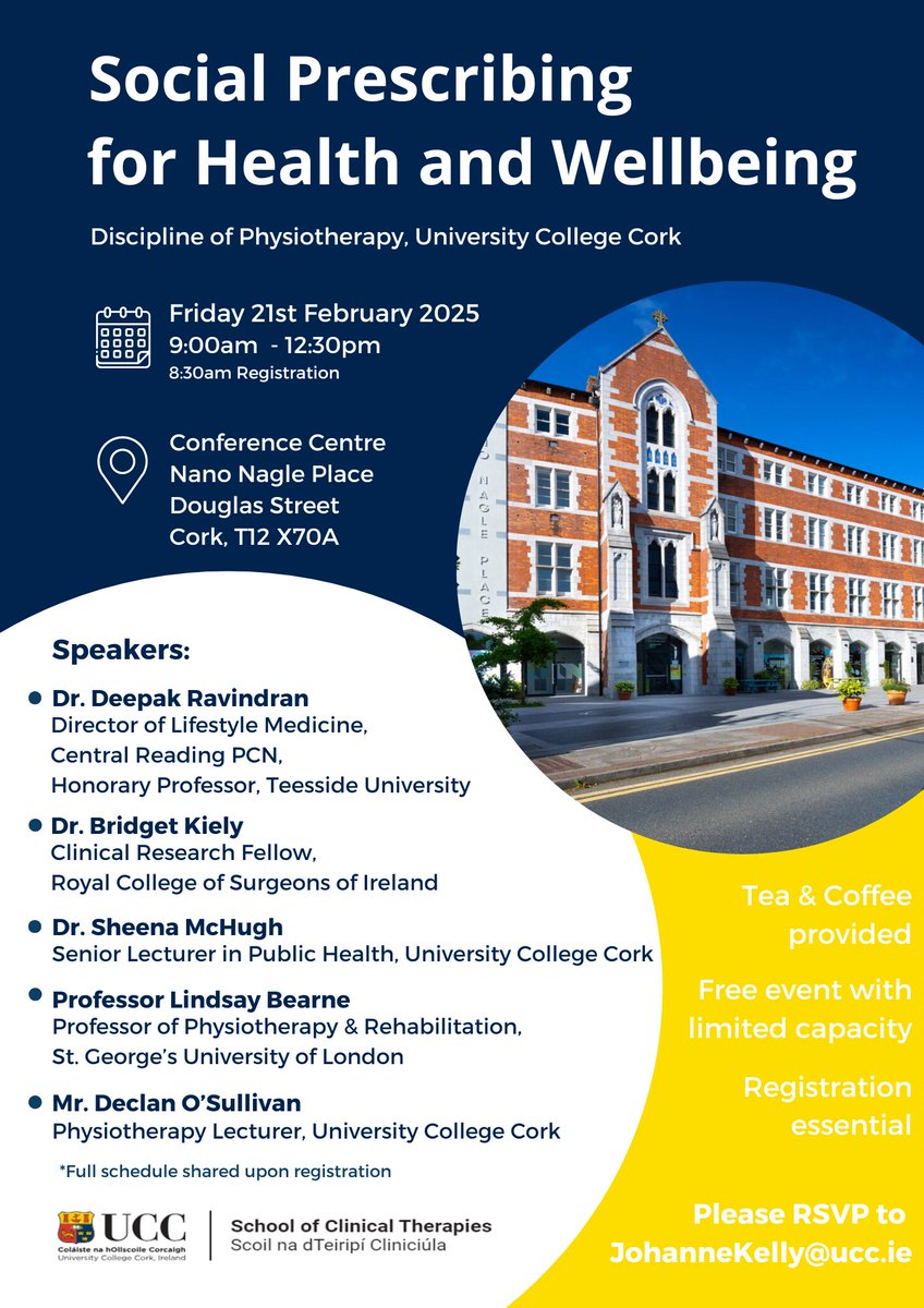 UCC Medicine & Health (@uccmedhealth) on Twitter photo Join UCC's Discipline of Physiotherapy at our Social Prescribing for Health and Wellbeing Symposium on 21 February.
There is a stellar lineup of speakers, registration is free but capacity is limited!
To register, please email JohanneKelly@ucc.ie
#UCCSocialPrescribingSymposium Join UCC's Discipline of Physiotherapy at our Social Prescribing for Health and Wellbeing Symposium on 21 February.
There is a stellar lineup of speakers, registration is free but capacity is limited!
To register, please email JohanneKelly@ucc.ie
#UCCSocialPrescribingSymposium