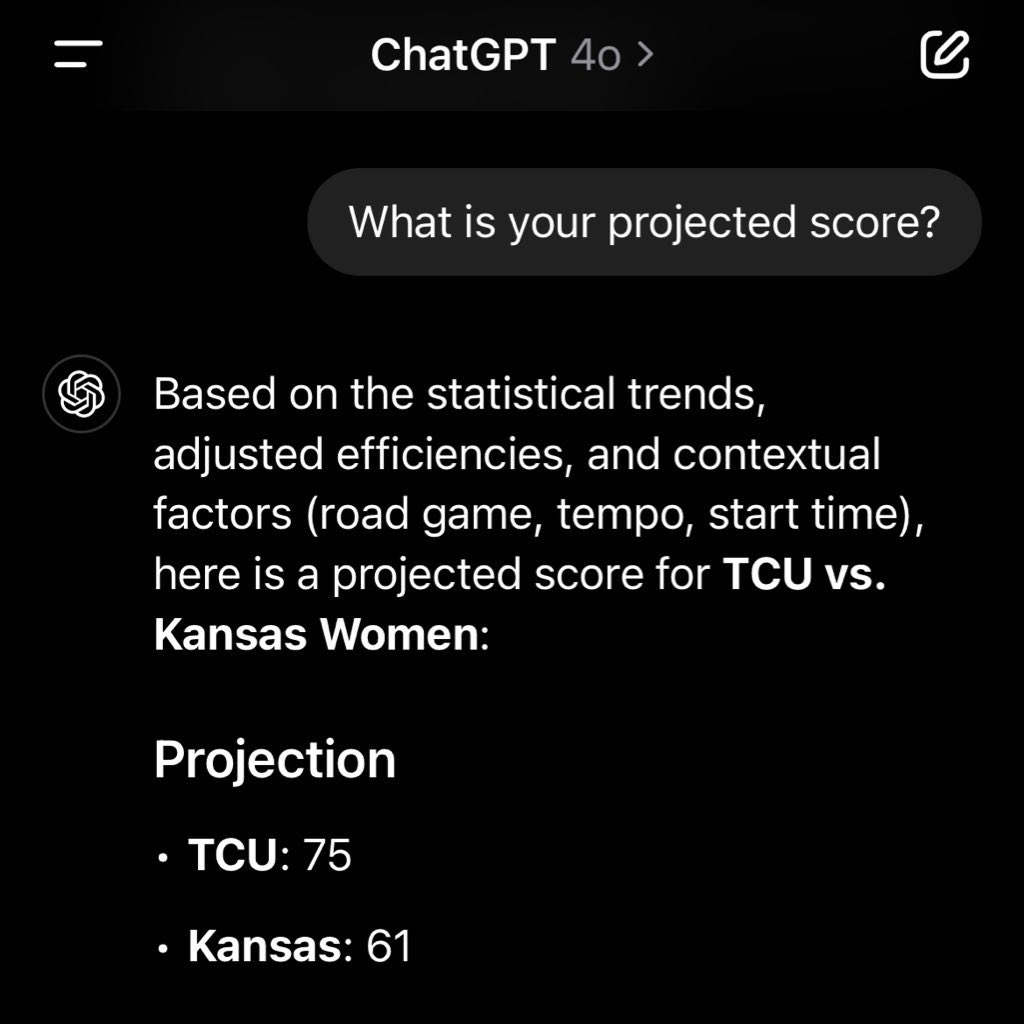 Women’s midday college basketball
TCU -10.5 2 units 
#college #gambling #tcu #kansas #chatgpt #AI #money #cash #DraftKings #picks #freepicks
