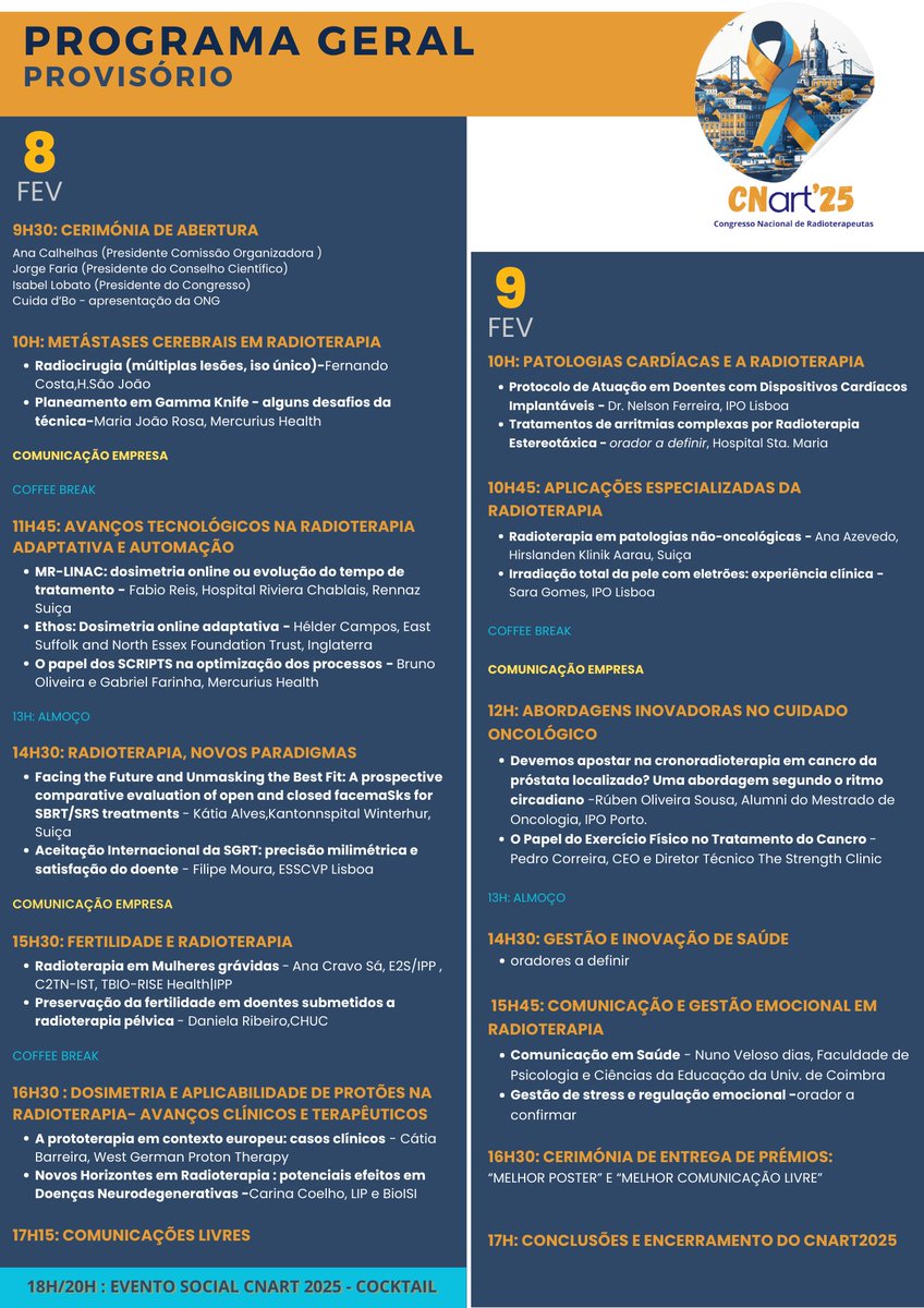 ☢️ Estão abertas as inscrições para o Congresso Nacional de Radioterapeutas 2025 - CNART'25

🚀 Dia 8 e 9 de Fevereiro de 2025 no IDEA spaces Saldanha, Lisboa. 

🔗 Todas as informações estão disponíveis no nosso site do congresso
cnart25.pt

#radiotherapy #RTT #ART