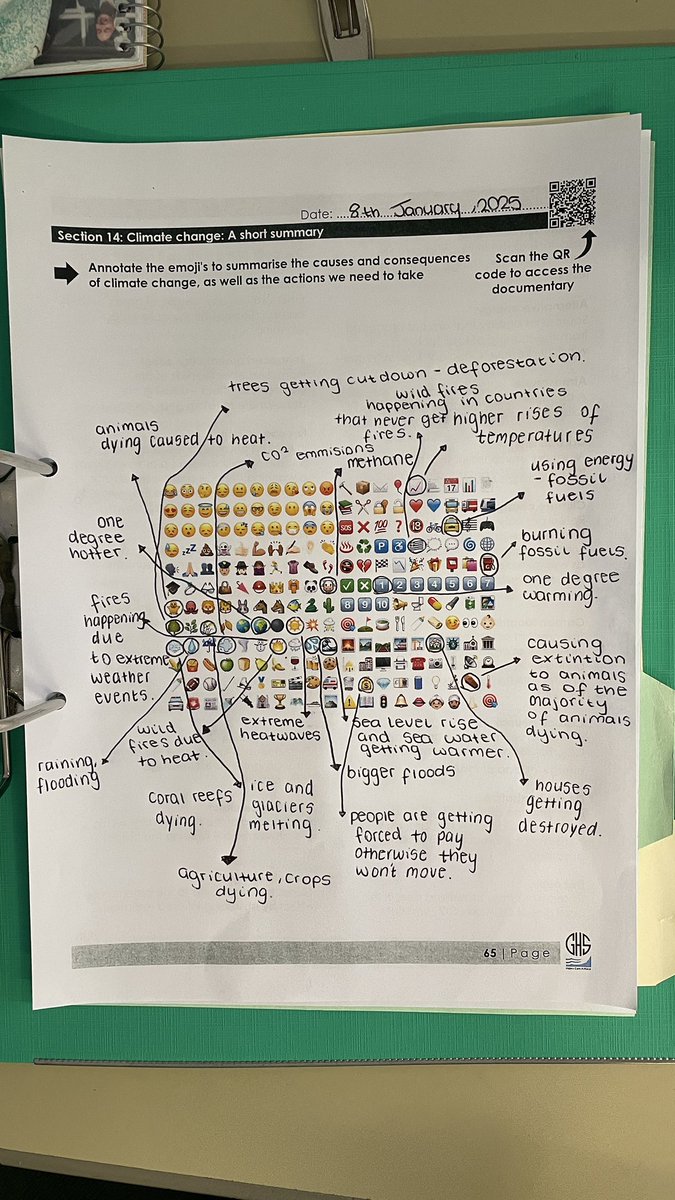 Mrs_Geography's tweet image. How do you sum up #climatechange with emojis? 🌍🔥🌊😬💡➡️🌱💪

My YR10s took on the challenge, relating their #geography knowledge into such symbols! 
Their creativity proves learning about the planet can be fun AND impactful. 🌟💭#EmojiChallenge