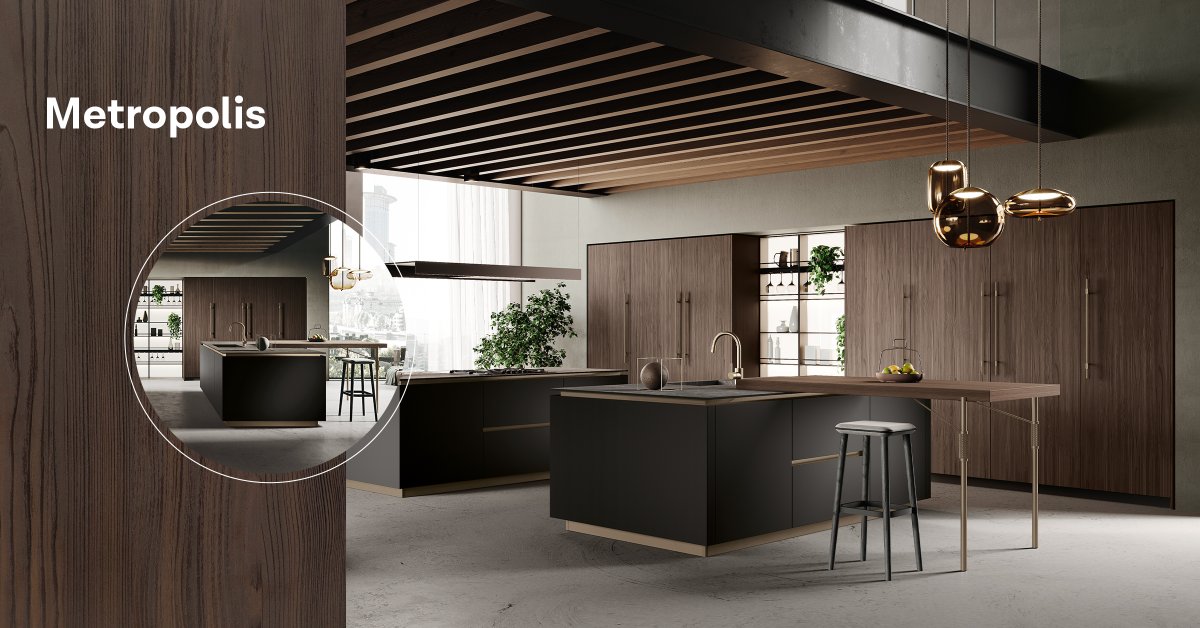 Colonne con ante rientranti in Larice Brown e maniglie bronzo, isole in Fenix Nero Ingo con presa inclinata, e un piano snack che si distingue per eleganza e funzionalità:  stosacucine.com/en/modern-kitc…