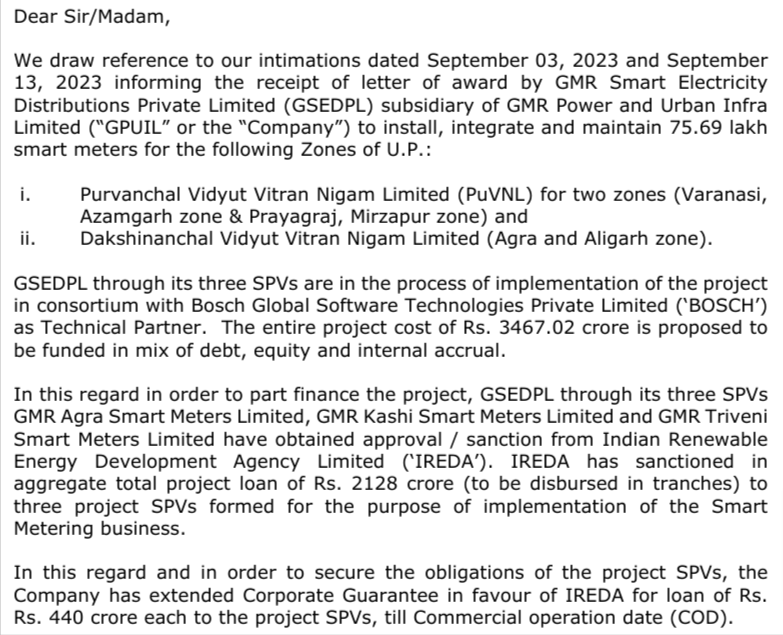 equityelephant's tweet image. GMR Power &amp;amp; Urban (GPUIL) extends a corporate guarantee to secure a Rs. 440 Cr loan from IREDA for smart metering in Uttar Pradesh.

The Rs. 3,467 Cr project, involving Bosch, will deploy 75.69 lakh smart meters across 22 districts over 10 years.

#SmartMetering #Infrastructure