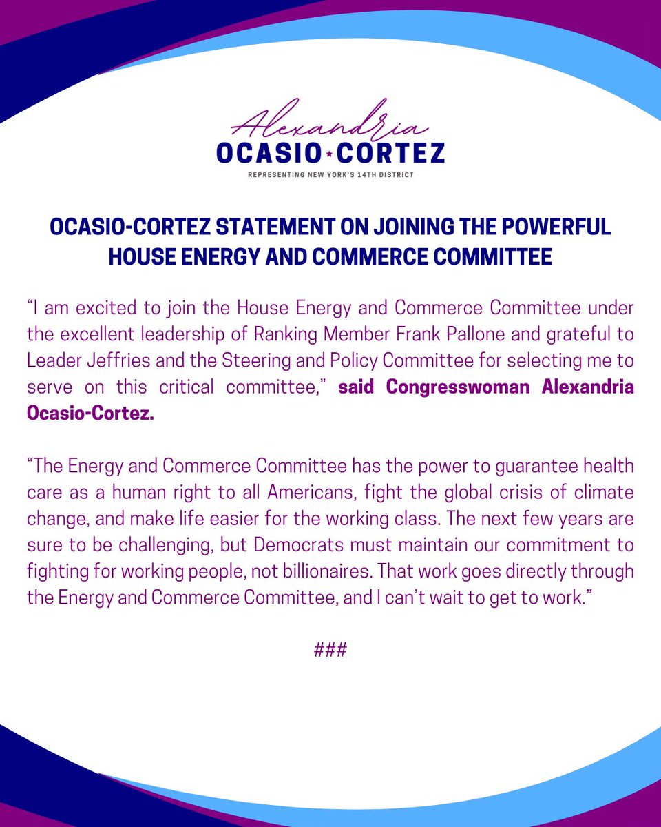 RepAOC's tweet image. Read my statement on my recent appointment to the House Energy and Commerce Committee ⬇️