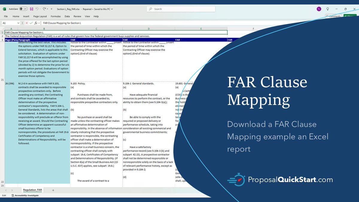 GoldenGooseAI's tweet photo. Proposal Quick Start (PQS) stands out as the only software that links FAR Clause text directly to paragraphs containing FAR Clause numeric notations. 

𝗗𝗼𝘄𝗻𝗹𝗼𝗮𝗱 𝘀𝗮𝗺𝗽𝗹𝗲 𝗙𝗔𝗥 𝗖𝗹𝗮𝘂𝘀𝗲 𝗠𝗮𝗽𝗽𝗶𝗻𝗴 𝗿𝗲𝗽𝗼𝗿𝘁: https://t.co/6NPM7QQpia

#GovCon
#RFP
#RFx https://t.co/HunMbUWXtA