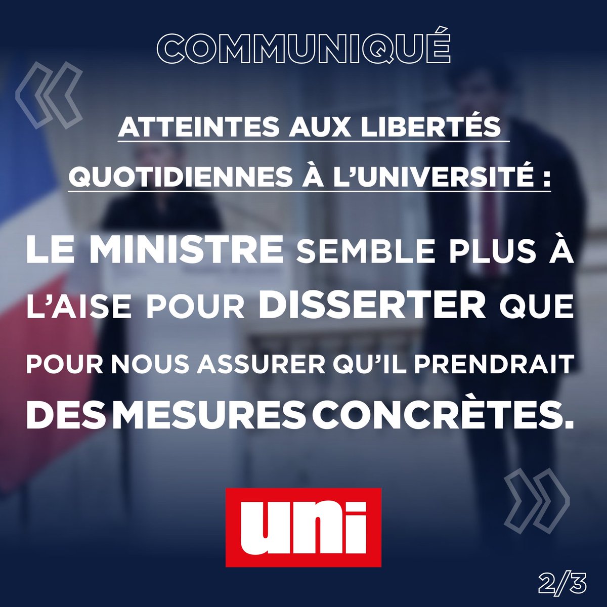 droiteuniv's tweet photo. 🔴Entretien de l’UNI avec le nouveau ministre chargé de l’Enseignement supérieur et de la Recherche :
Lassée des belles paroles, l’UNI attend de la fermeté et des actes.

Lire notre communiqué: 
https://t.co/vB6kHkxZ3W https://t.co/pAWE7siJyr