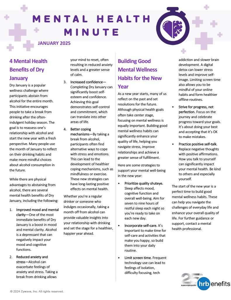 HRBenefitsInc's tweet photo. This month's Mental Health Minute Newsletter explores the mental health benefits of Dry January and how to build good mental wellness habits for the new year. #HRBenefits #EmployeeBenefits #MentalHealthMinute https://t.co/NyYEU8KEAN