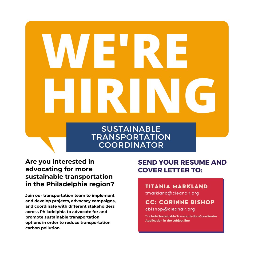Are you interested in advocating for more sustainable transportation in Philly? We're #hiring a Sustainable Transportation Coordinator to join our transportation team! Learn more about the position and how to apply at cleanair.org/wp-content/upl….