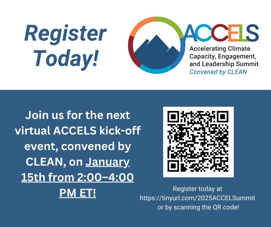 📢Don’t miss the next ACCELS kick-off event NEXT WEEK! Join us on January 15th from 2–4 PM ET for an inspiring virtual session convened by CLEAN. Let’s accelerate climate leadership together!

📝 Register now at buff.ly/4h5L522 or scan the QR code!