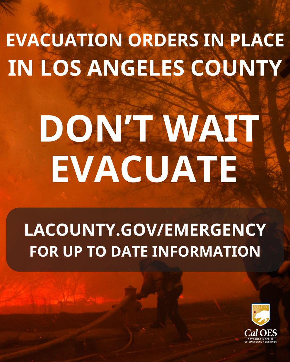 For those impacted by the Southern California wildfires, follow evacuation orders from local officials. For up to date information visit lacounty.gov/emergency. If told to go, don’t wait EVACUATE 
#PalisadesFire #EatonFire #HurstFire #WoodleyFire