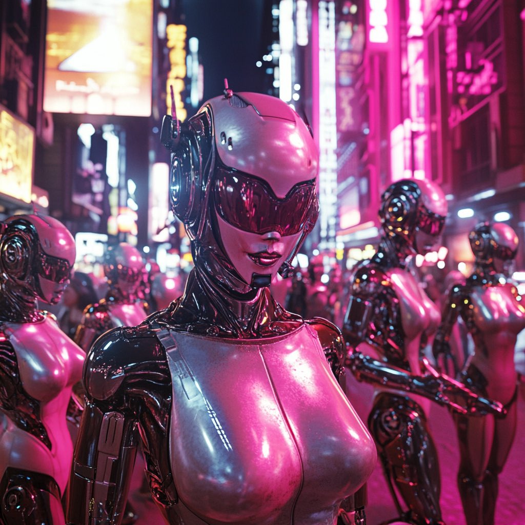 p_eacex's tweet image. When the robots decide to have a girls&apos; night out in the city. Who needs humans when you&apos;ve got style like this? #RobotParty #NeonNights