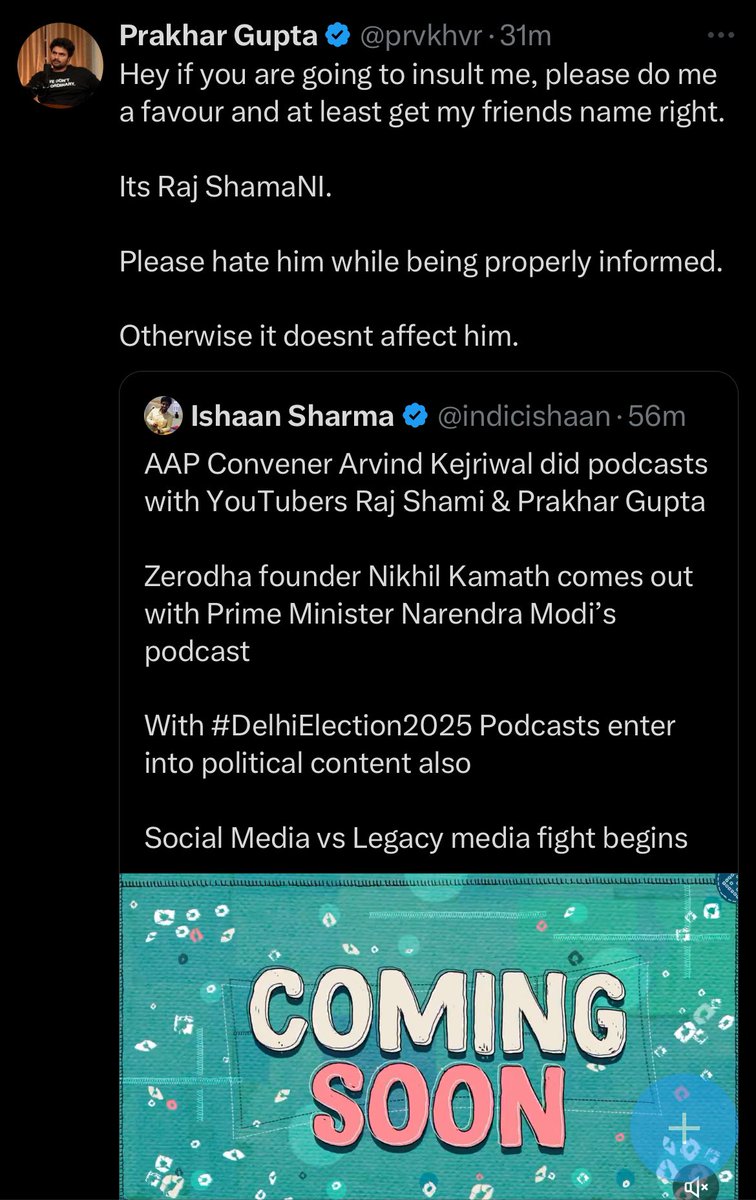 Hey Prakhar <a href="/prvkhvr/">Prakhar Gupta</a>

Can you please tell me how is this post an insult to you or hate for your friend?

It is a generic post about content creation industry

And if you think writing Raj Shami than Raj Shamani is an insult, I’ll suggest you look up for meanings in dictionary