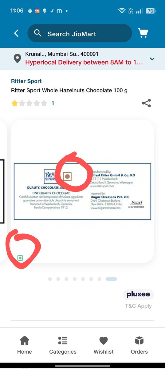 TechKrunal's tweet photo. @JioMart @JioMart_Support as far as I know Ritter sport chocolates are non-vegetarian and non-vegetarian symbol is also there on product photo on jiomart app. But your application is showing it as vegetarian https://t.co/YMFiCvOQ1p
