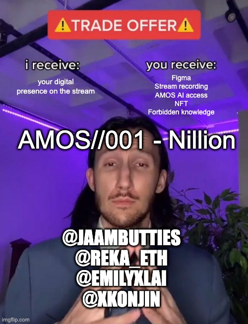nillion network marketing campaign yap stream with:

<a href="/Jaambutties/">Charlie Rogers ⚔️</a> - <a href="/nillionnetwork/">Nillion</a> head of marketing

12:00 UTC / 07:00 EST 9th January 2025

special guests: <a href="/emilyxlai/">Emily Lai</a> <a href="/reka_eth/">reka</a> <a href="/xkonjin/">jin</a>

mint the free nft to receive:
- figma of campaign
- stream recording
- AMOS AI access -