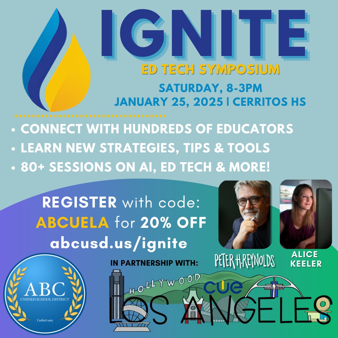 Register now for the IGNITE Ed Tech Symposium on 1/25 in Cerritos! CUELA is excited to collaborate with ABC Unified to provide its members with an exclusive 20% discount on registration. Simply use code ABCUELA to save. abcusd.us/ignite #ABCIGNITE #abcstories <a href="/cueinc/">CUE</a>