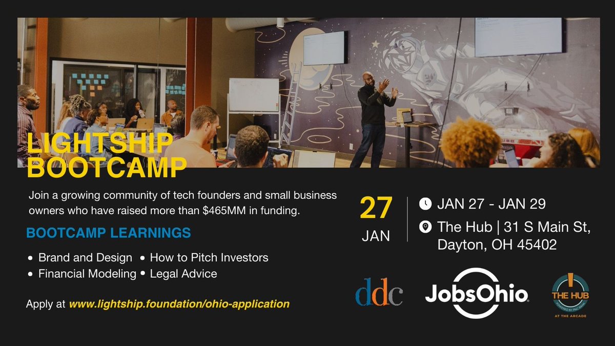 Lightship Foundation (@lightshipfound) on Twitter photo Calling all #Ohio founders! π€©
Lightship Bootcamp, powered by <a href="/JobsOhio/">JobsOhio</a>, is coming to Dayton, OH, January 27β29! ππΎ
Bootcamp is designed to help you rediscover and refine your business strategy while reevaluating your product, sales, and marketing strategies. π‘
Apply now! ππΎ Calling all #Ohio founders! π€©
Lightship Bootcamp, powered by <a href="/JobsOhio/">JobsOhio</a>, is coming to Dayton, OH, January 27β29! ππΎ
Bootcamp is designed to help you rediscover and refine your business strategy while reevaluating your product, sales, and marketing strategies. π‘
Apply now! ππΎ