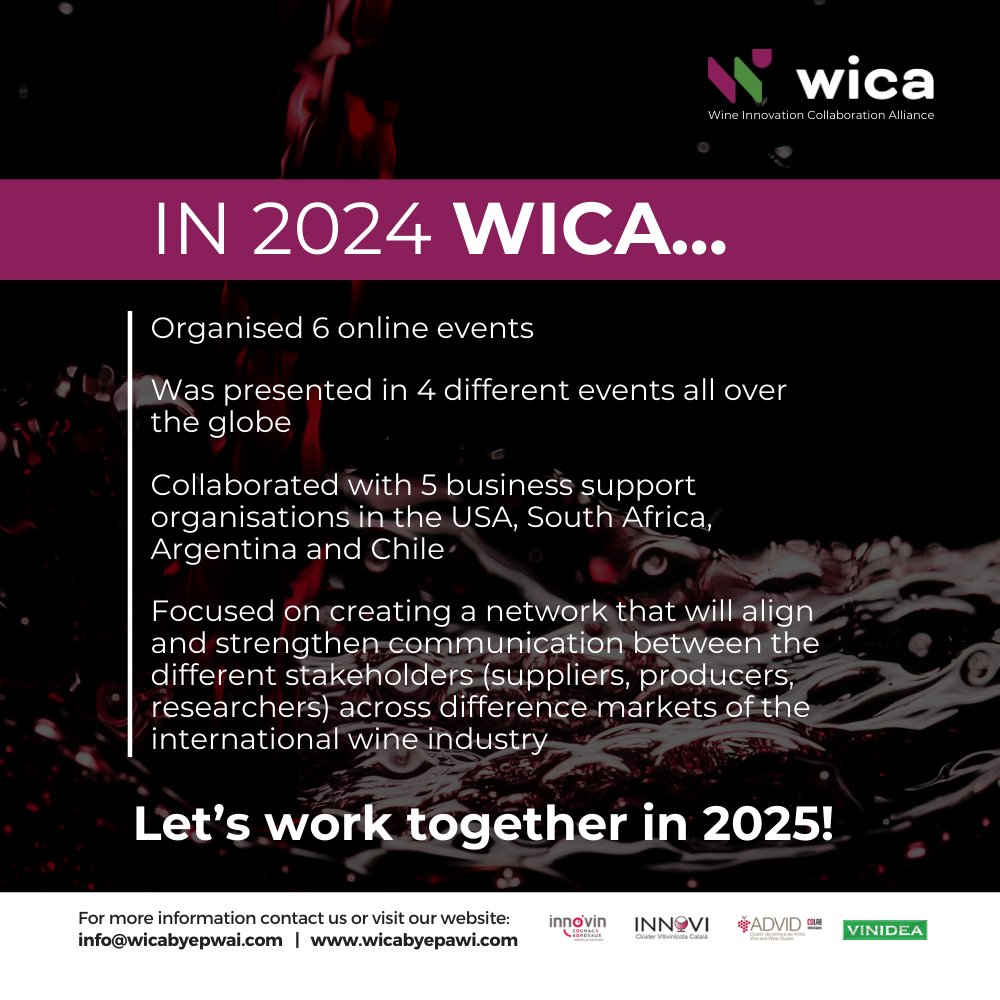 ByWica's tweet photo. These were some of the contributions WICA provided to the Wine Sector in 2024... 

Interested in being part of what WICA is going to develop in 2025? We can't wait to collaborate with you!🤝

https://t.co/JjnzgkNLlO

#WICAbyEPAWI #joinus #DiscoverTogether 

@Clusters_EU https://t.co/tgnUDnZAev