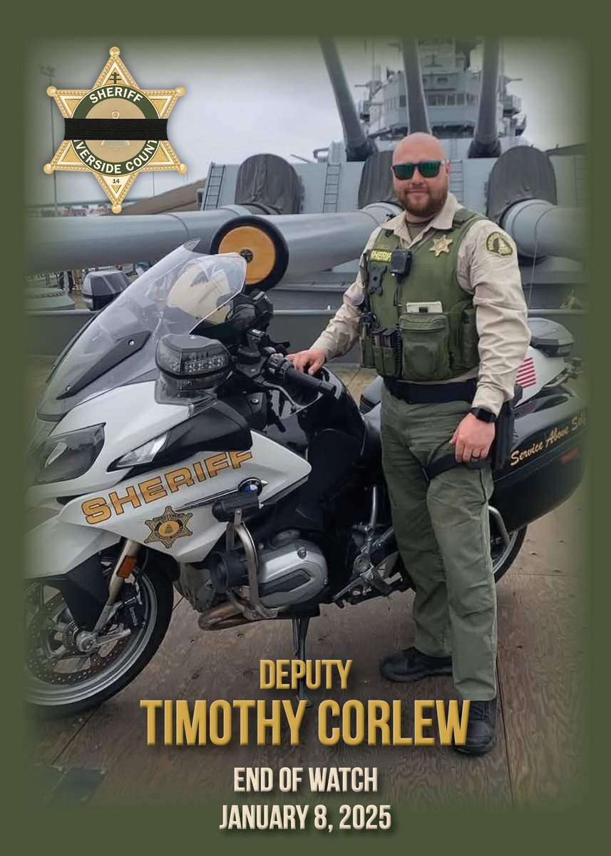 With immense sadness &amp; a heavy heart, I must report that the Riverside County Sheriff's Office has lost another deputy in a line of duty death. Deputy Timothy Corlew, assigned to Jurupa Valley Sheriff’s Stn, was involved in an on-duty traffic accident on 1/8/25 
-Sheriff Bianco