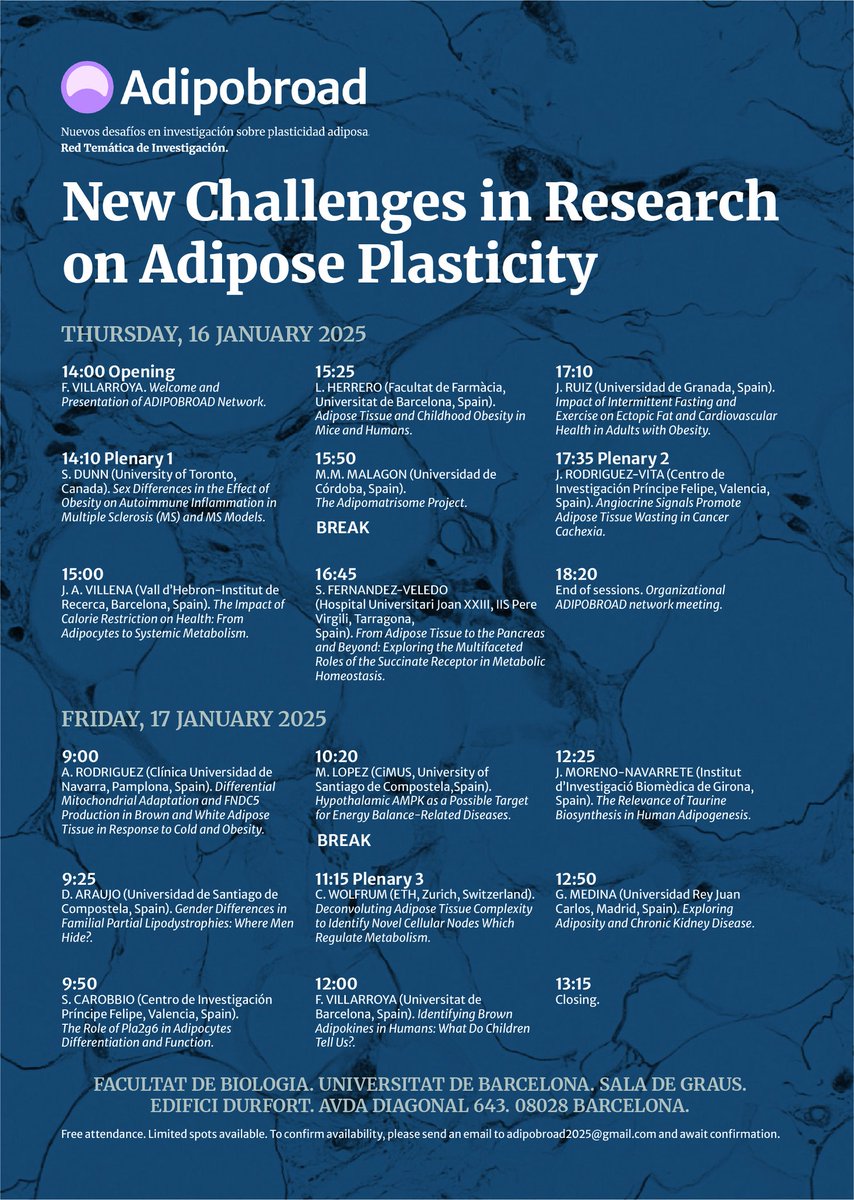 Marta Giralt (@martagiraltub) on Twitter photo 🔊 Don't miss the ADIPOBROAD Scientific Meeting on January 16-17 in Barcelona! adipobroad.org
<a href="/BQBiomedMolUB/">Biochemistry & Molecular Biomedicine UB</a> <a href="/BiologiaUB/">Facultat de Biologia UB</a> <a href="/IBUB_UB/">IBUB-UB</a> <a href="/CIBER_OBN/">CIBEROBN</a> <a href="/SociedadSeedo/">Seedo</a>
<a href="/SEEDO_Research/">SEEDO_Translational Research</a>
x.com/BQBiomedMolUB/… 🔊 Don't miss the ADIPOBROAD Scientific Meeting on January 16-17 in Barcelona! adipobroad.org
<a href="/BQBiomedMolUB/">Biochemistry & Molecular Biomedicine UB</a> <a href="/BiologiaUB/">Facultat de Biologia UB</a> <a href="/IBUB_UB/">IBUB-UB</a> <a href="/CIBER_OBN/">CIBEROBN</a> <a href="/SociedadSeedo/">Seedo</a>
<a href="/SEEDO_Research/">SEEDO_Translational Research</a>
x.com/BQBiomedMolUB/…