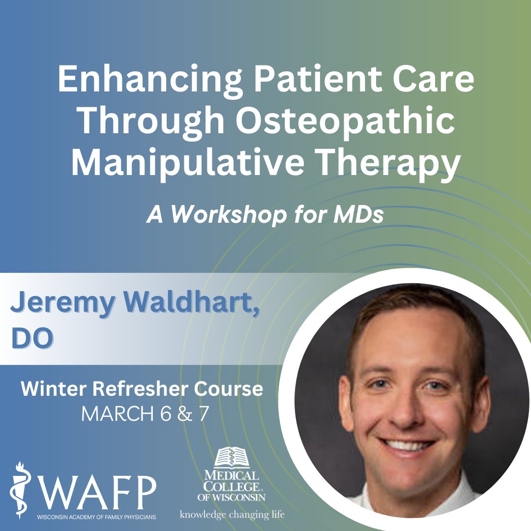Dive into Osteopathic Manipulative Therapy with Jeremy Waldhart, DO. Learn hands-on techniques to enhance patient care. Register now for the 2025 WAFP &amp; <a href="/MedicalCollege/">Medical College of Wisconsin</a> of Wisconsin Winter Refresher Course March 6 &amp; 7 at the Trade Hotel in Milwaukee: wafp.org/upcoming-event…