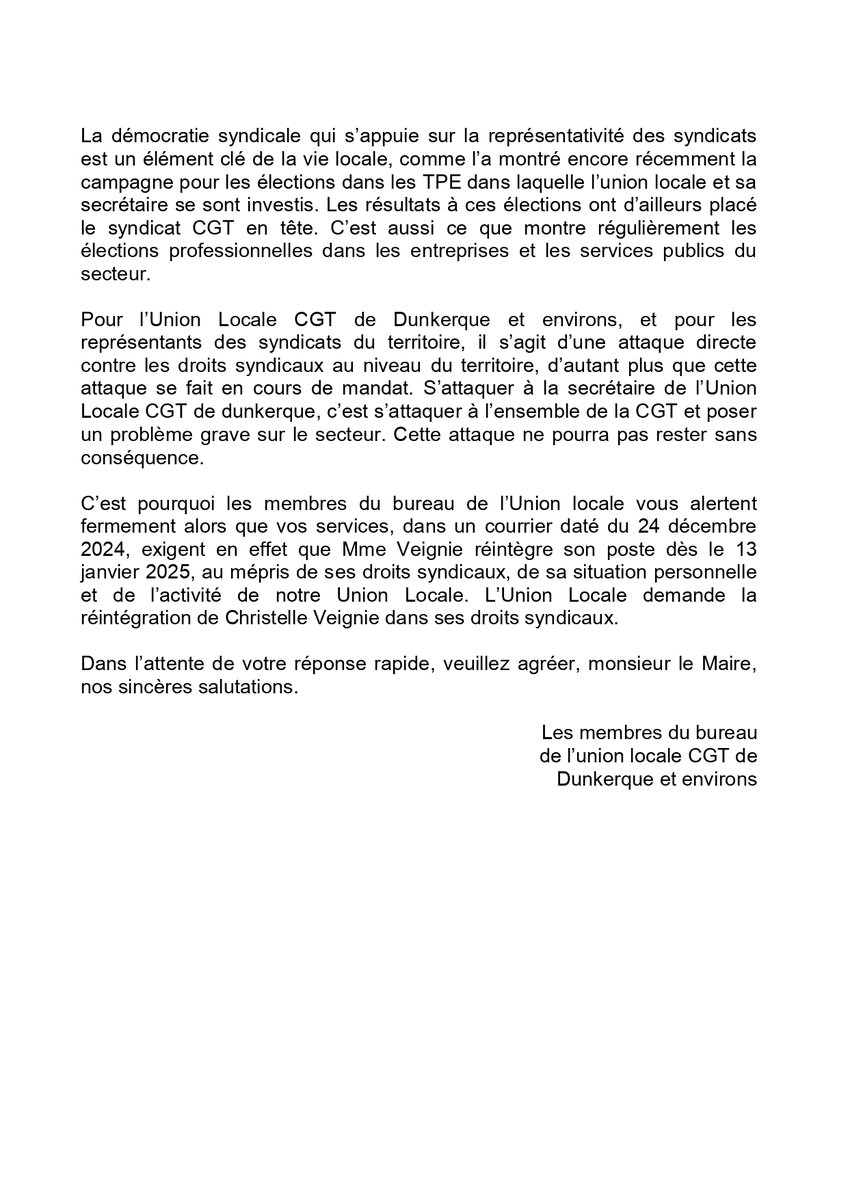 ULCGTDUNKERQUE's tweet image. L'Union Locale CGT de Dunkerque apporte son soutien inconditionnel à sa Secrétaire Générale Christelle VEIGNIE.
Nous irons jusqu'au bout !  ✊✊
@BeyaertMartial