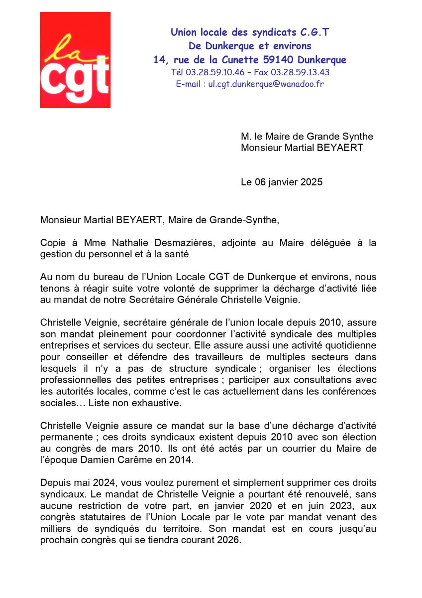 ULCGTDUNKERQUE's tweet image. L'Union Locale CGT de Dunkerque apporte son soutien inconditionnel à sa Secrétaire Générale Christelle VEIGNIE.
Nous irons jusqu'au bout !  ✊✊
@BeyaertMartial