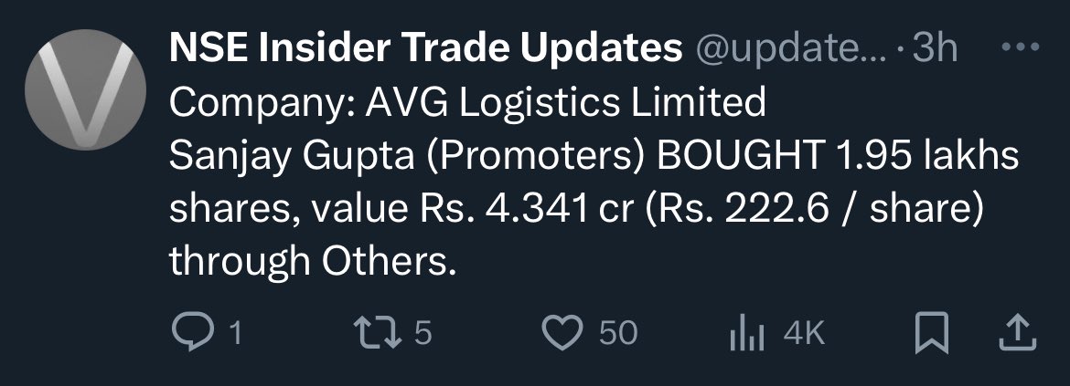 Invested in AVG Logistics (NSE: AVG). 🚛📈
The company is making strong moves in the supply chain and logistics sector, focusing on multi-modal transport services. With India’s booming e-commerce and retail demand, AVG is well-positioned for future growth. #AVGLogistics #nse