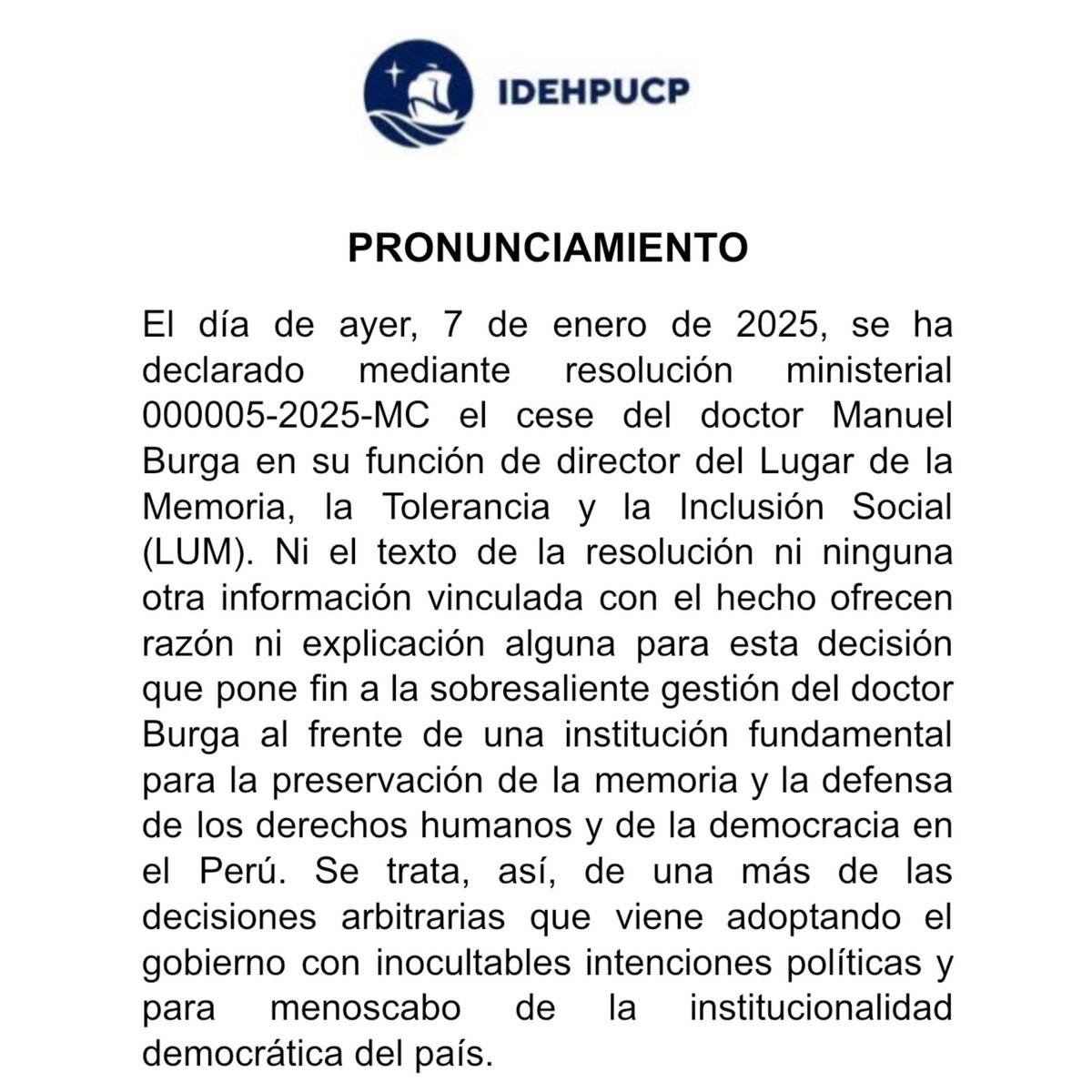 idehpucp's tweet photo. #Pronunciamiento 🚨
Ante el relevo del doctor Manuel Burga @BurgaDia1 de la dirección del Lugar de la Memoria (@LUMoficial), el IDEHPUCP expresa lo siguiente: https://t.co/4voOVzZNc1