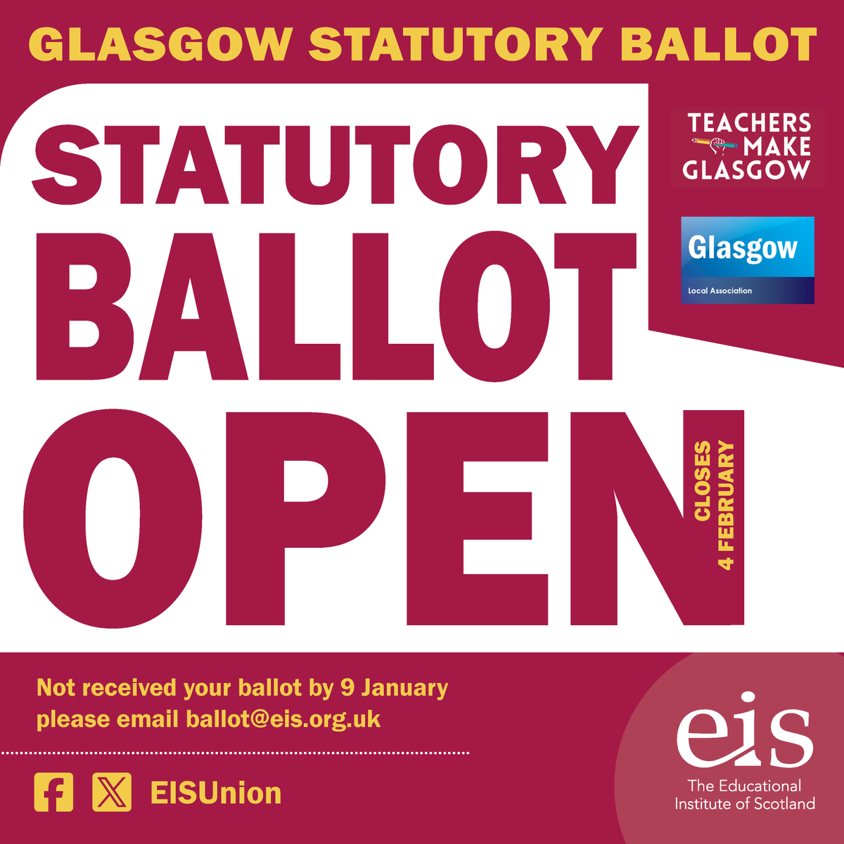 EIS (@eisunion) on Twitter photo Be on the lookout for your ballot and return it promptly to make your voice heard!
Ballots are set to arrive today for Glasgow members. If you haven't received yours by Thursday, 9th January, contact ballot@EIS.org.uk for a replacement. #TeachersMakeGlasgow Be on the lookout for your ballot and return it promptly to make your voice heard!
Ballots are set to arrive today for Glasgow members. If you haven't received yours by Thursday, 9th January, contact ballot@EIS.org.uk for a replacement. #TeachersMakeGlasgow