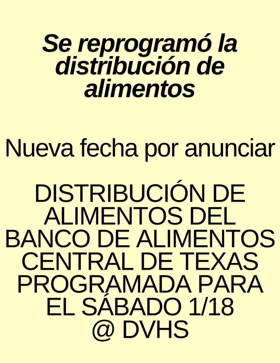 Update on DVHS Food Distribution: 
DV Food Distribution for this week will be rescheduled, a new date will be announced!
Reminder: <a href="/CTXFoodBank/">CentralTexasFoodBank</a> will be at DVHS for their Mobile Food Distribution on Sat. Jan. 18th from 9am-10:30am.