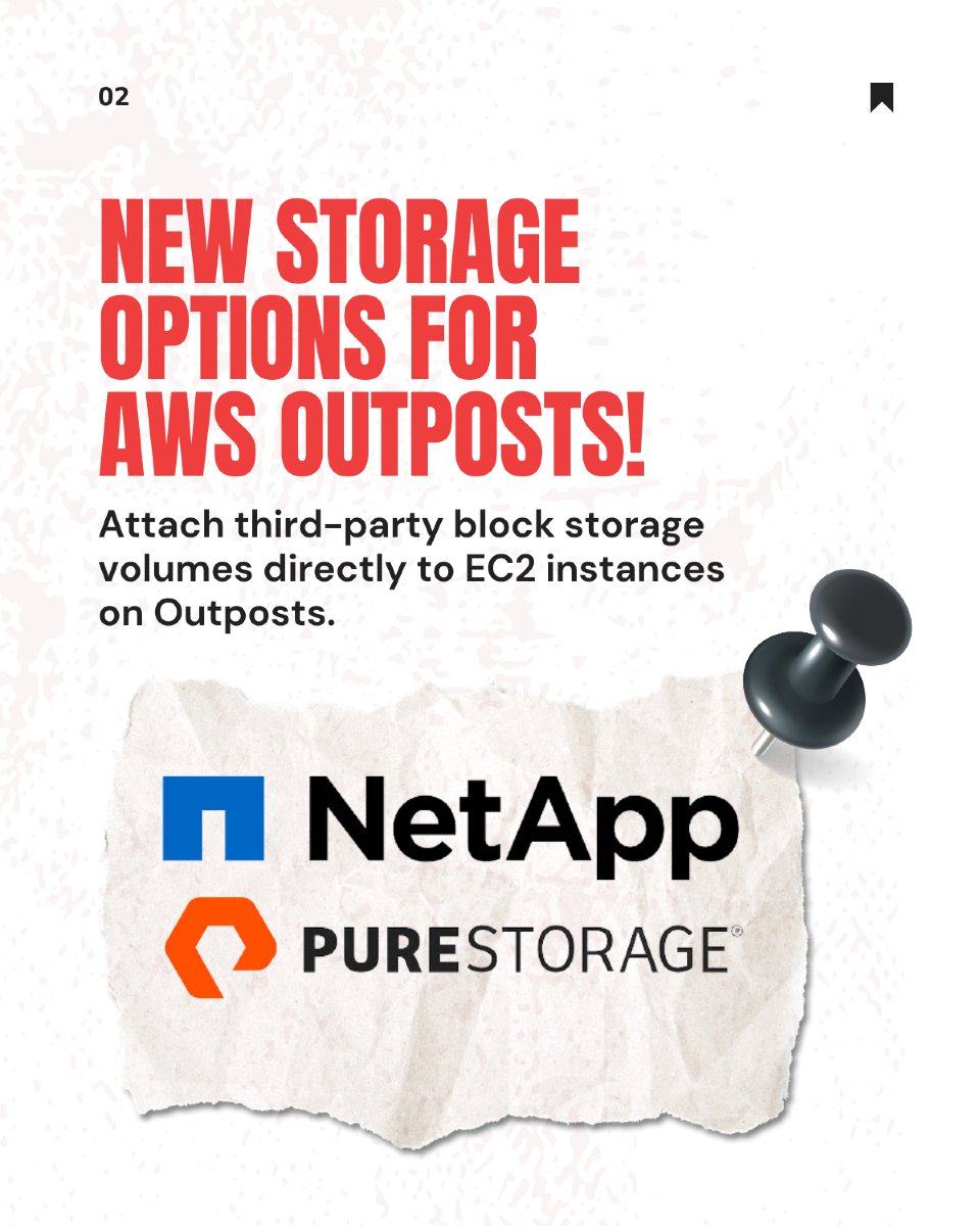 TrackItCloud's tweet image. Exciting update for AWS Outposts users!
Now you can attach third-party storage arrays like NetApp and Pure Storage directly to EC2 instances.
Combine Outposts’ cloud power with high-performance on-premises storage!
#AWS #AWSOutposts #HybridCloud #CloudStorage #NetApp #PureStorage