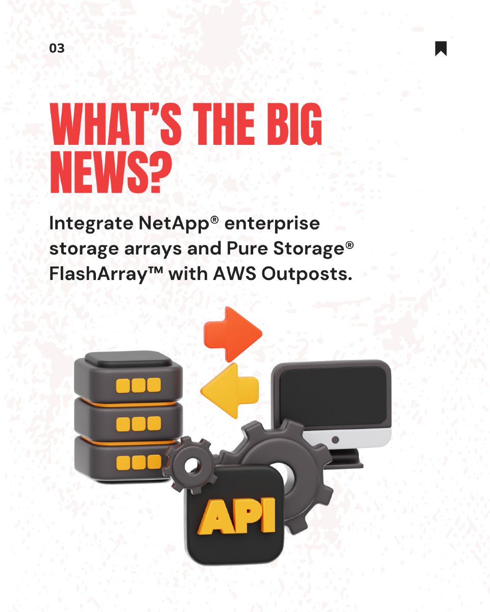 TrackItCloud's tweet image. Exciting update for AWS Outposts users!
Now you can attach third-party storage arrays like NetApp and Pure Storage directly to EC2 instances.
Combine Outposts’ cloud power with high-performance on-premises storage!
#AWS #AWSOutposts #HybridCloud #CloudStorage #NetApp #PureStorage