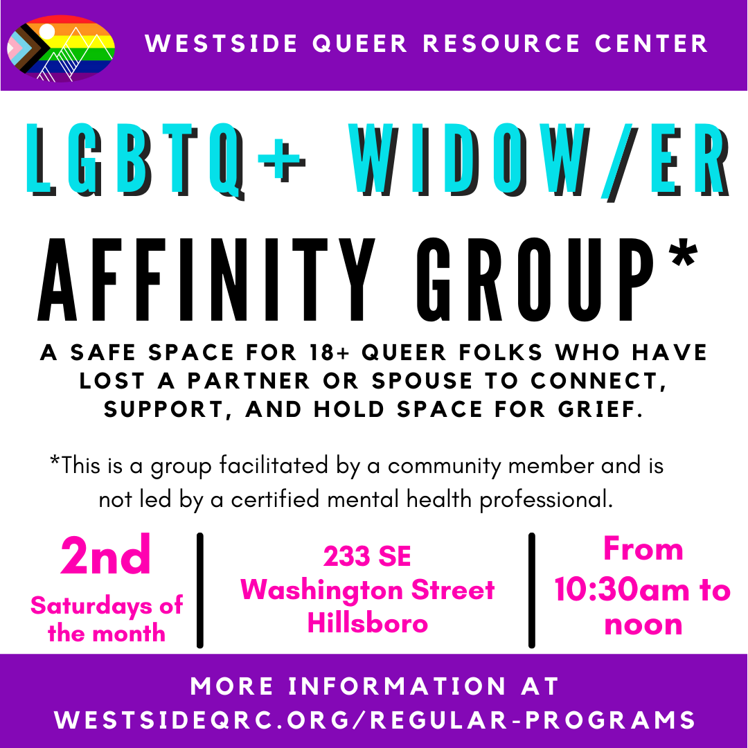 WestsideQRC's tweet photo. This Saturday is the next meeting of our monthly LGBTQ+ Widow/er Affinity Group.❤️
We welcome any LGBTQ+ identifying adults who have lost a partner or spouse and want to connect / hold space for grief to join us.
 #GriefSupport #AffinityGroup #CommunityConnection #LGBTQSupport https://t.co/457HSwIeF5