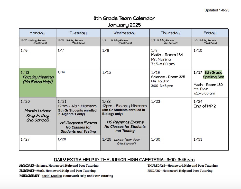 Revised Middle School Tutoring Schedule: