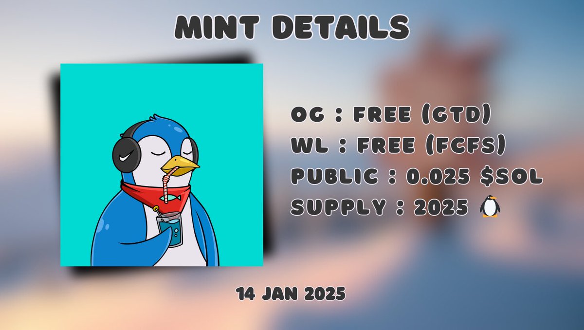 🐧❄️ Chill Peng Club Mint Details! 

Hoomans! We’re 7 days away from officially building the coolest community on Solana! 🧊

🗓️ Mint Date: 14 Jan 2025
🔹 OG: FREE Mint (GTD) 
🔸 WL: FREE Mint (FCFS) 
🌍 Public: 0.025 $SOL 
🐧 Supply: 2025 Chill Pengs

Giving away 5 OG | FREE