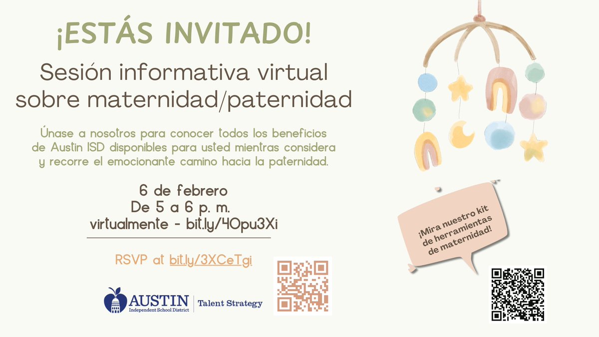 Austin ISD Office of Talent Strategy (@weareaisd) on Twitter photo 🌟 Exciting news for soon-to-be parents!
🍼 Join our Maternity/Paternity Virtual Information Session on Feb 6th from 5-6 PM.
Learn about all the <a href="/AustinISD/">Austin ISD</a> benefits available as you journey into parenthood.
✨ RSVP now: bit.ly/3XCeTgi #AISDProud #AISDjoy 🌟 Exciting news for soon-to-be parents!
🍼 Join our Maternity/Paternity Virtual Information Session on Feb 6th from 5-6 PM.
Learn about all the <a href="/AustinISD/">Austin ISD</a> benefits available as you journey into parenthood.
✨ RSVP now: bit.ly/3XCeTgi #AISDProud #AISDjoy