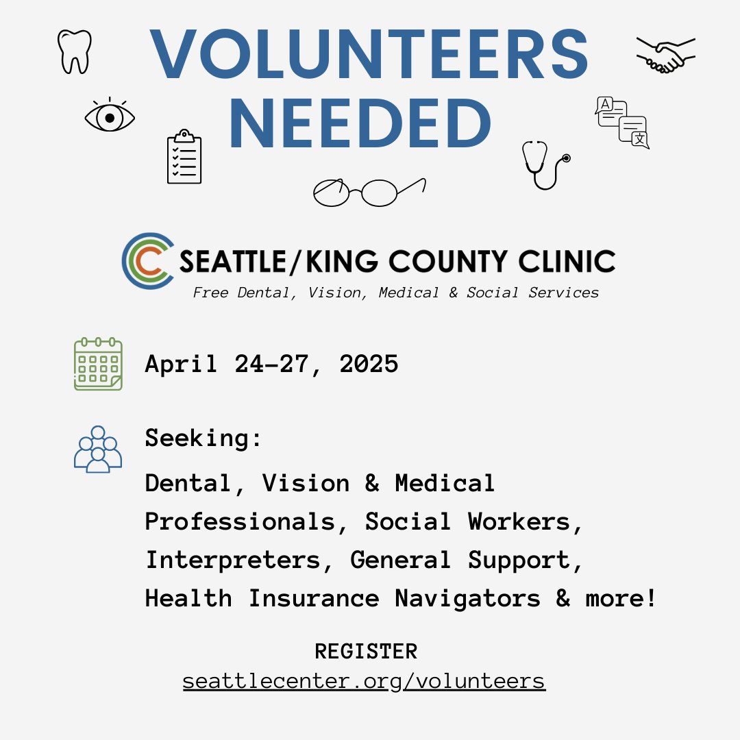 ✍️ Sign up to volunteer for the 2025 Seattle/King County Clinic! We have a variety of clinical and non-clinical (general support) roles available. The next Clinic will be held April 24 – 27, 2025 at Seattle Center. 

Learn more and sign up: brnw.ch/21wPRWD