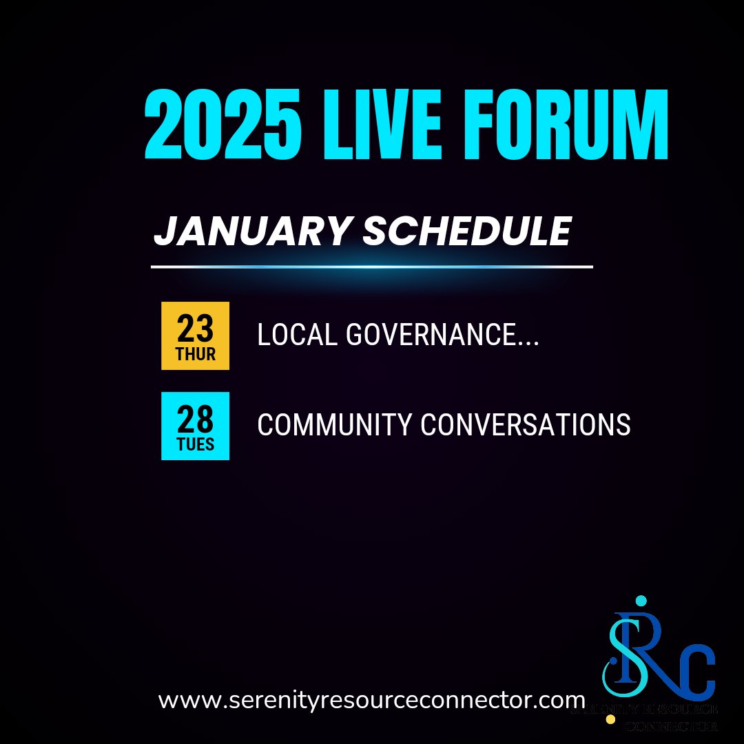 SerenityAdvisor's tweet image. 📅 SRC Live Forum Schedule – January 2025

Join us for insightful discussions on Tuesdays &amp;amp; Thursdays at 8pm.

📍 Streamed live on YouTube, Facebook &amp;amp; Instagram. Let’s build stronger communities together!

#SerenityResourceConnector #CommunityEngagement #LiveForum