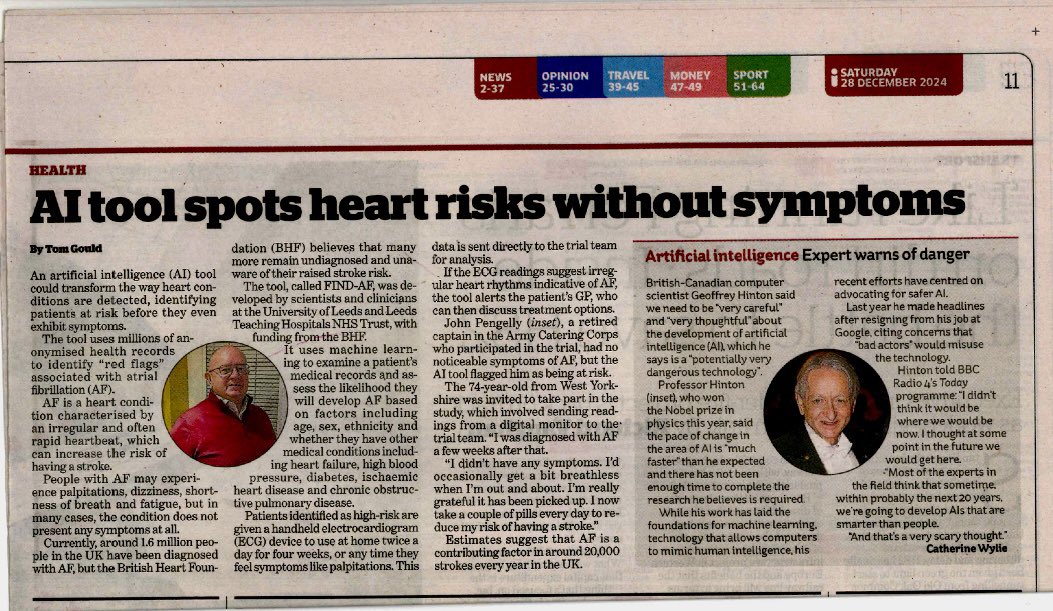 Prof Chris P Gale (@cpgale3) on Twitter photo Wonderful coverage in the media about our <a href="/TheBHF/">British Heart Foundation</a> funded #FINDAF algorithm for early detection of #AFib
Testament to the media expertise of <a href="/LauraJPiercy/">Laura Piercy</a>
<a href="/LIDA_UK/">Leeds Institute for Data Analytics</a> <a href="/LeedsHospitals/">Leeds Teaching Hospitals</a> <a href="/cardiorespLTHT/">Cardio-Respiratory - LTHT</a> <a href="/LTHTResearch/">Leeds Research & Innovation</a> <a href="/LDShospcharity/">Leeds Hospitals Charity</a> <a href="/Dr_R_Nadarajah/">Ramesh Nadarajah</a> <a href="/sheenabennett33/">Sheena Bennett</a> <a href="/NIHRCRN_yorks/">NIHR CRN Yorkshire & Humber</a> Wonderful coverage in the media about our <a href="/TheBHF/">British Heart Foundation</a> funded #FINDAF algorithm for early detection of #AFib
Testament to the media expertise of <a href="/LauraJPiercy/">Laura Piercy</a>
<a href="/LIDA_UK/">Leeds Institute for Data Analytics</a> <a href="/LeedsHospitals/">Leeds Teaching Hospitals</a> <a href="/cardiorespLTHT/">Cardio-Respiratory - LTHT</a> <a href="/LTHTResearch/">Leeds Research & Innovation</a> <a href="/LDShospcharity/">Leeds Hospitals Charity</a> <a href="/Dr_R_Nadarajah/">Ramesh Nadarajah</a> <a href="/sheenabennett33/">Sheena Bennett</a> <a href="/NIHRCRN_yorks/">NIHR CRN Yorkshire & Humber</a>