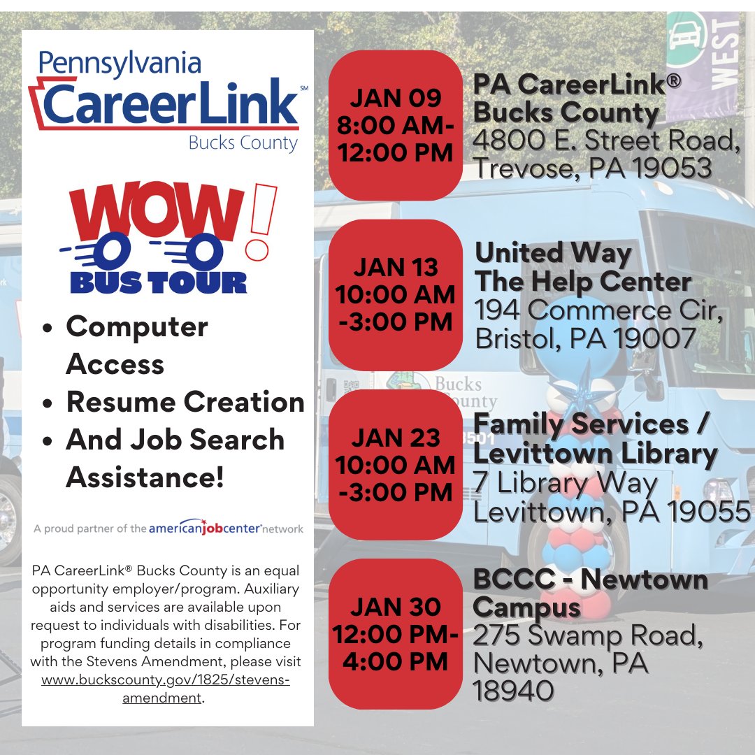 PACareerlinkBC's tweet image. 🌟 The WOW Bus is hitting the road! 🌟

Join us for upcoming Workforce on Wheels (WOW) Bus events across Bucks County! Look for the WOW Bus in your neighborhood! 🚍✨

For more info, visit: buckscounty.gov/WOW

#PAWorkforce #BucksCountyPA #WOWBus #JobSearch