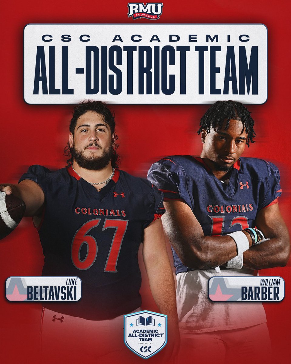 RMU Football (@rmu_football) on Twitter photo Congratulations to <a href="/LukeBeltavski67/">Luke Beltavski</a> and William Barber have been named to the College Sports Communicators Academic All-District Team! ๐๐
๐: rmucolonials.com/news/2025/1/8/โฆ Congratulations to <a href="/LukeBeltavski67/">Luke Beltavski</a> and William Barber have been named to the College Sports Communicators Academic All-District Team! ๐๐
๐: rmucolonials.com/news/2025/1/8/โฆ