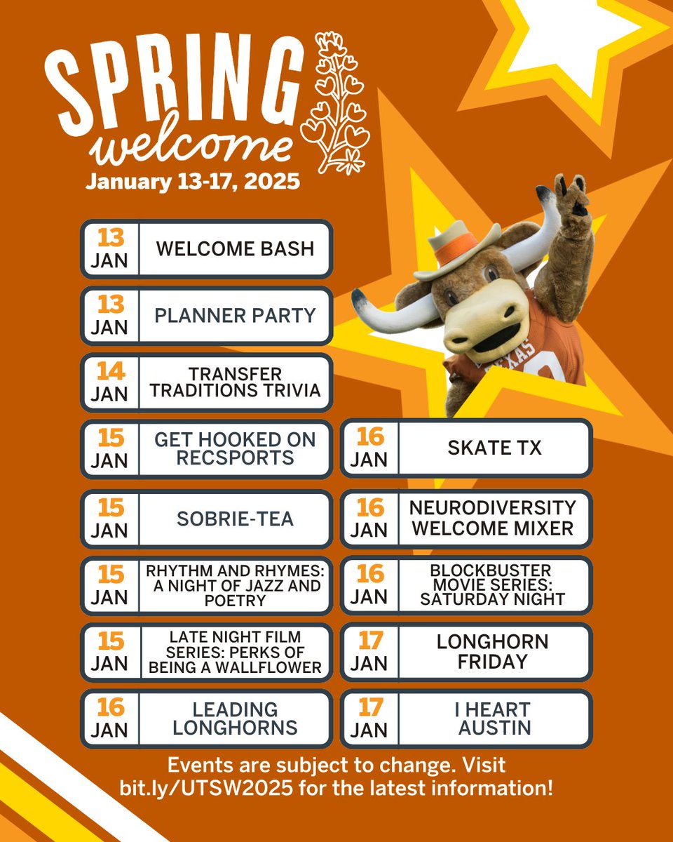 UTorientation's tweet image. Whether you are coming to the Forty Acres for the first time this spring or coming back after a (hopefully) relaxing winter break, join us for Spring Welcome, a series of events to welcome you to UT Austin and help you transition to your new University. newstudentservices.utexas.edu/content/spring…