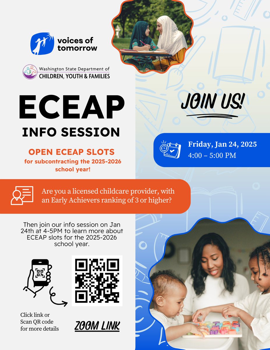 📢 Licensed childcare providers! Are you ready to grow your impact? Join us for an ECEAP Info Session on Friday, Jan 24th, 2025, from 4-5 PM! 🌟

This is your chance to learn how ECEAP can help you expand your services and support your community. Don’t miss out!