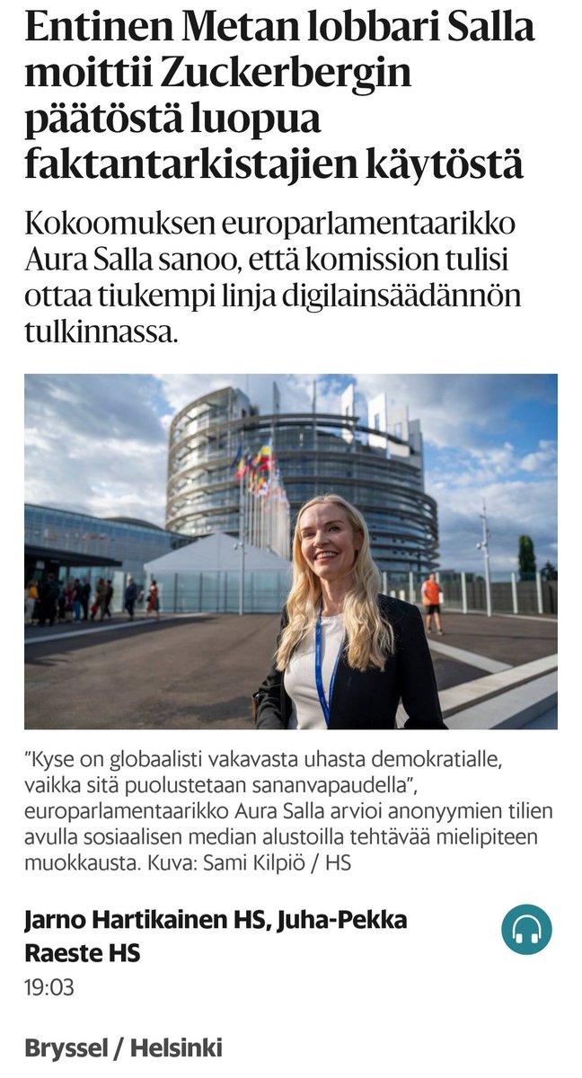 Kokoomuksen Aura Salla vaatii, että Facebookissa on oltava edelleen tiukka vasemmistolainen sensuuri. "Faktan tarkistushan" on sensuurin peiteilmaisu. Tarkoittaa siis oikeasti moderaatiota. Sama Salla kannattaa vahvasti Hamasia. Kokoomuksen demarisiipi tekee hallaa Kokoomukselle