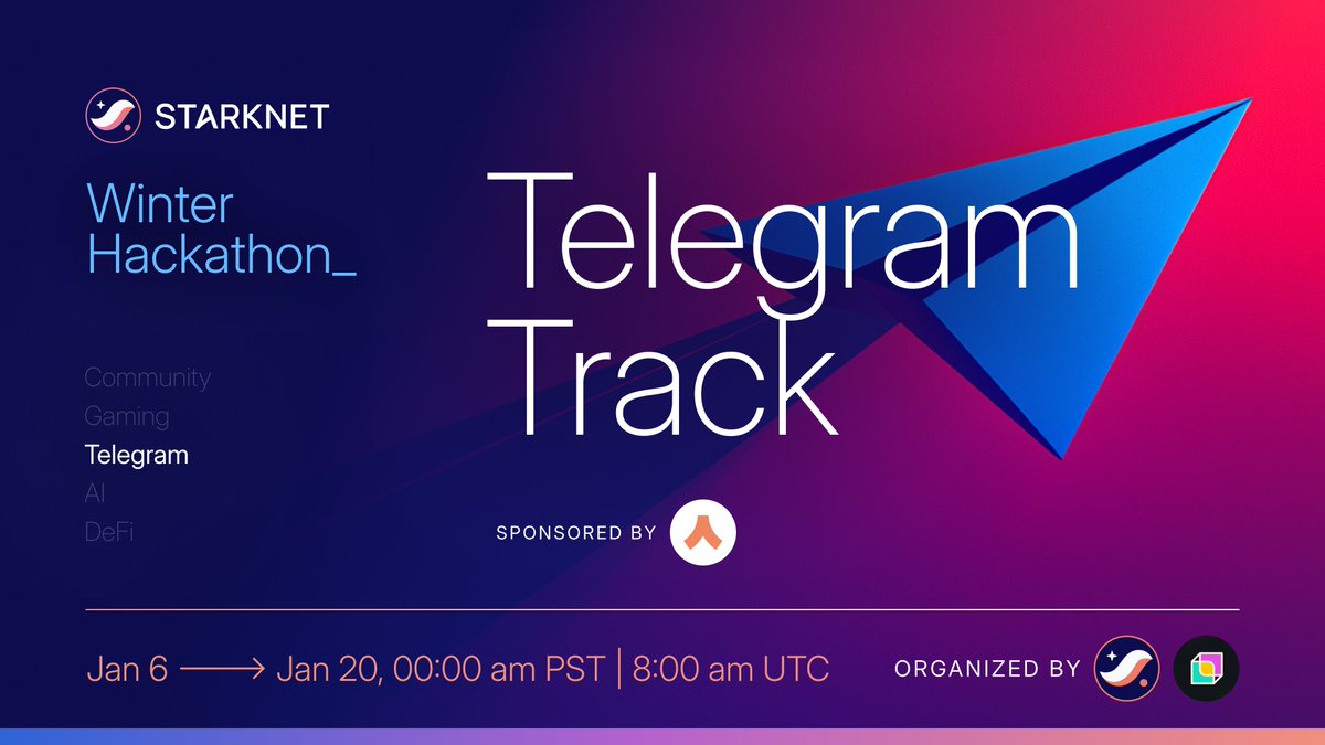 Starknet's tweet image. We all know blockchain interactions should be as easy as sending a message. 💬📲

Do you have ideas on how to make that happen? Take on the special Telegram Track in the Starknet Winter Hackathon. 🦾

Create DeFi apps, NFT platforms, social tools, or even games, leveraging…