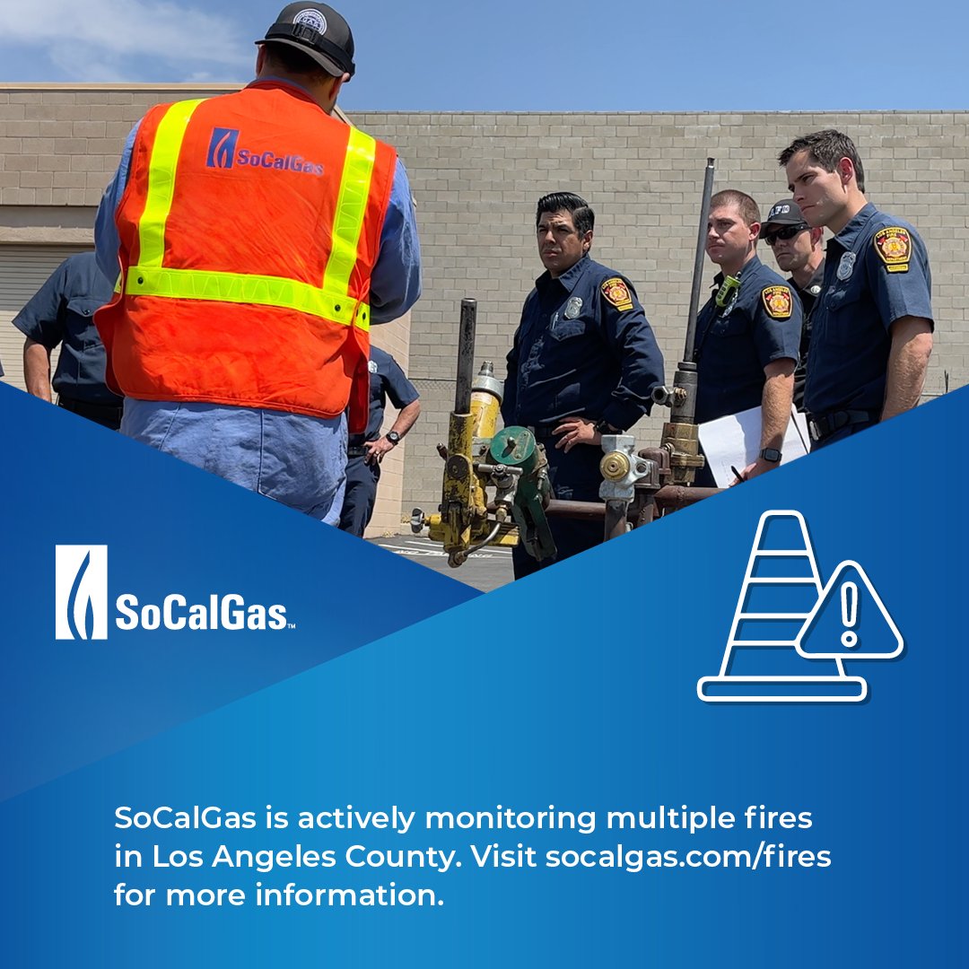 socalgas's tweet photo. SoCalGas is actively monitoring multiple fires in Los Angeles County. Crews are coordinating with first responders and are standing by to assess impacts. SoCalGas has had to shut off service for public safety in certain areas. Visit https://t.co/m1xNtE03EE for more information. https://t.co/Cn2xgVcwCy