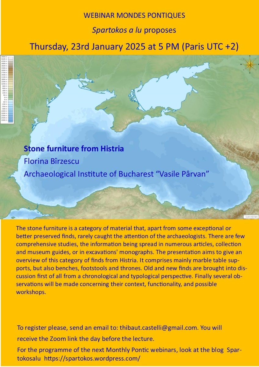 daria_pirvu's tweet photo. 🎉Happy next #webinar around the #BlackSea will be held on 23th January 2025( 5: 00 PM Paris time)
Topic: Stone furniture from #Histria by Florina Bîrzescu, Institute of Archaeology "Vasile Parvan"
Registrations: https://t.co/tW2DB7asid
Thanks to @Spartokosalu ! Happy new year! https://t.co/ffcayvaqmH