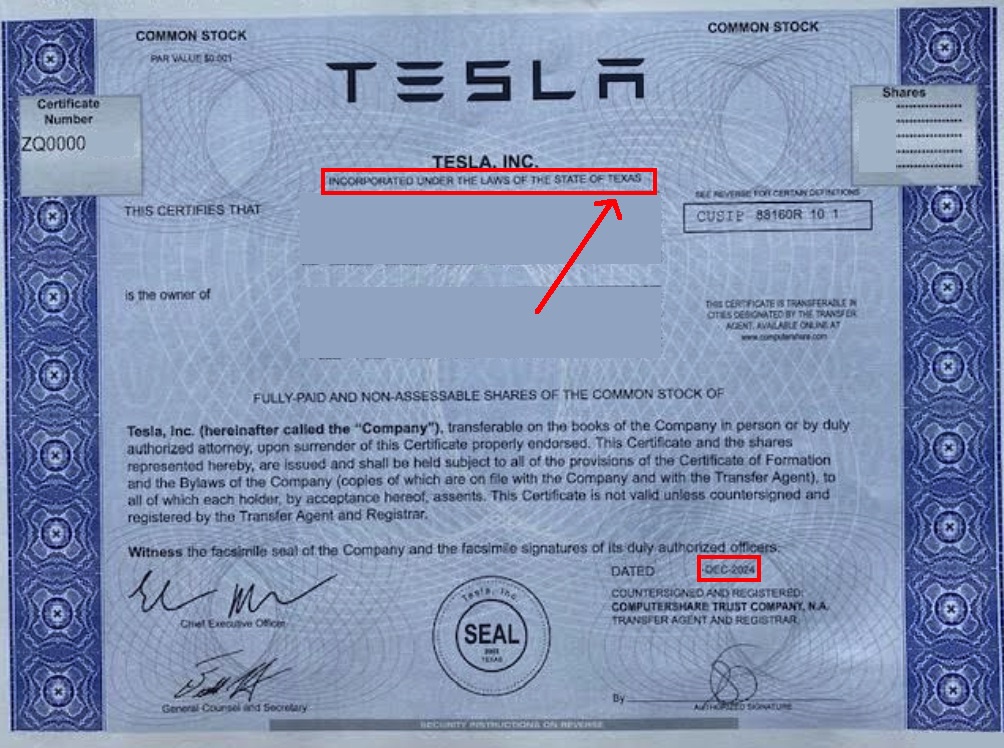 TeslaBoomerMama's tweet image. YEAHHH 🎉
Directly registered shareholders can now request share certificates, showing Tesla is incorporated in Texas.
Thank you @6days1week for sending this to me, it makes me very happy.