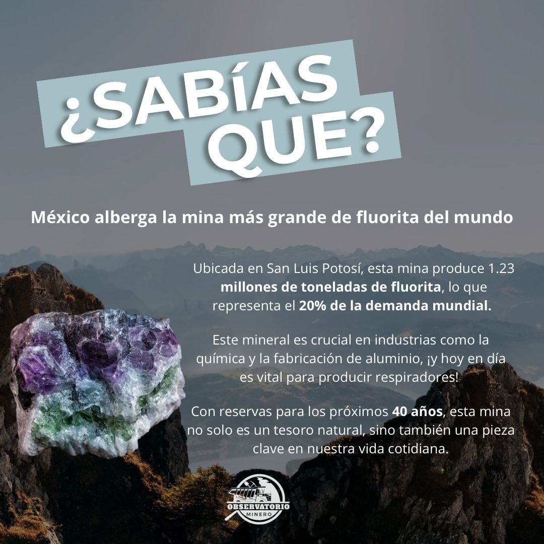 ¡Orgullo mexicano! 🇲🇽✨
En San Luis Potosí se encuentra la mina de fluorita más grande del mundo, produciendo 1.23 millones de toneladas al año y cubriendo el 20% de la demanda mundial.